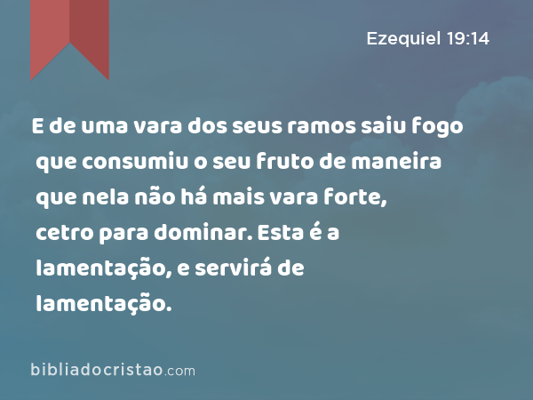 E de uma vara dos seus ramos saiu fogo que consumiu o seu fruto de maneira que nela não há mais vara forte, cetro para dominar. Esta é a lamentação, e servirá de lamentação. - Ezequiel 19:14