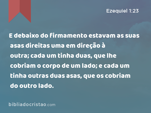 E debaixo do firmamento estavam as suas asas direitas uma em direção à outra; cada um tinha duas, que lhe cobriam o corpo de um lado; e cada um tinha outras duas asas, que os cobriam do outro lado. - Ezequiel 1:23