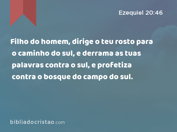 Filho do homem, dirige o teu rosto para o caminho do sul, e derrama as tuas palavras contra o sul, e profetiza contra o bosque do campo do sul. - Ezequiel 20:46