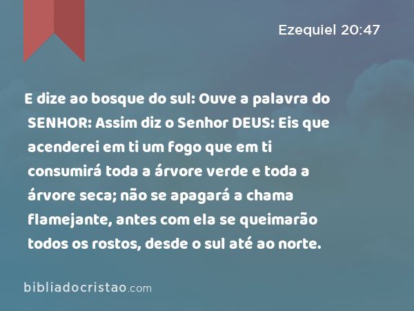 E dize ao bosque do sul: Ouve a palavra do SENHOR: Assim diz o Senhor DEUS: Eis que acenderei em ti um fogo que em ti consumirá toda a árvore verde e toda a árvore seca; não se apagará a chama flamejante, antes com ela se queimarão todos os rostos, desde o sul até ao norte. - Ezequiel 20:47