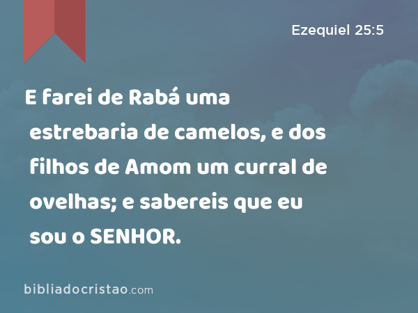 E farei de Rabá uma estrebaria de camelos, e dos filhos de Amom um curral de ovelhas; e sabereis que eu sou o SENHOR. - Ezequiel 25:5