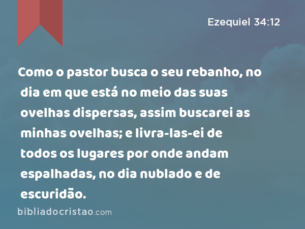 Como o pastor busca o seu rebanho, no dia em que está no meio das suas ovelhas dispersas, assim buscarei as minhas ovelhas; e livra-las-ei de todos os lugares por onde andam espalhadas, no dia nublado e de escuridão. - Ezequiel 34:12