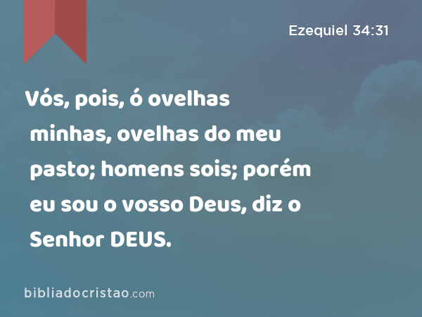 Vós, pois, ó ovelhas minhas, ovelhas do meu pasto; homens sois; porém eu sou o vosso Deus, diz o Senhor DEUS. - Ezequiel 34:31