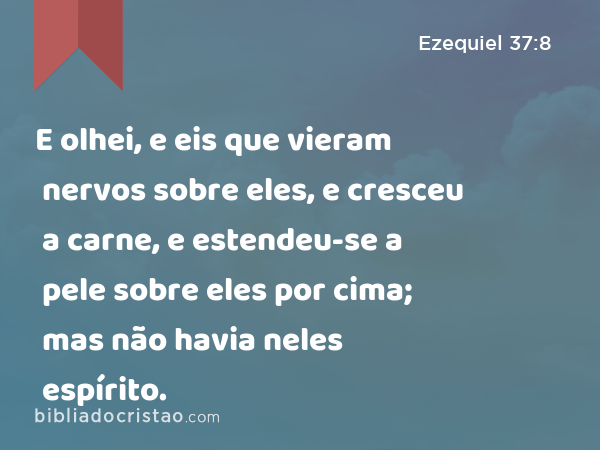 E olhei, e eis que vieram nervos sobre eles, e cresceu a carne, e estendeu-se a pele sobre eles por cima; mas não havia neles espírito. - Ezequiel 37:8