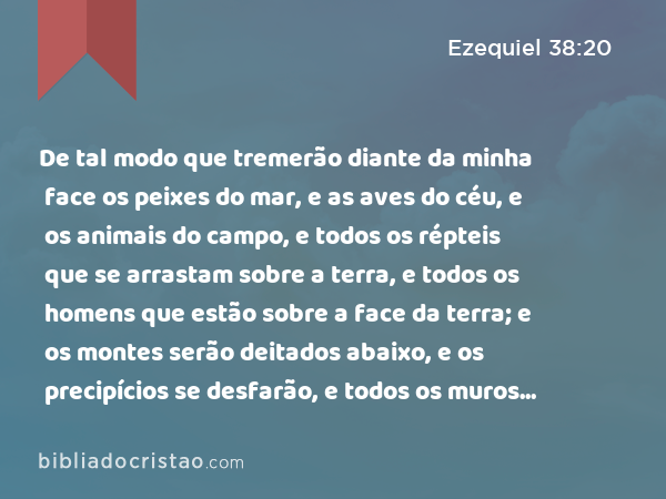 De tal modo que tremerão diante da minha face os peixes do mar, e as aves do céu, e os animais do campo, e todos os répteis que se arrastam sobre a terra, e todos os homens que estão sobre a face da terra; e os montes serão deitados abaixo, e os precipícios se desfarão, e todos os muros desabarão por terra. - Ezequiel 38:20