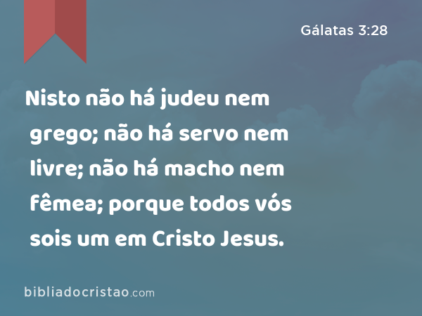 Nisto não há judeu nem grego; não há servo nem livre; não há macho nem fêmea; porque todos vós sois um em Cristo Jesus. - Gálatas 3:28