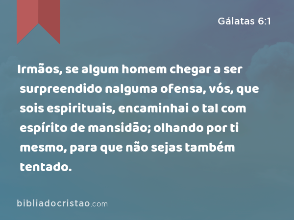 Irmãos, se algum homem chegar a ser surpreendido nalguma ofensa, vós, que sois espirituais, encaminhai o tal com espírito de mansidão; olhando por ti mesmo, para que não sejas também tentado. - Gálatas 6:1