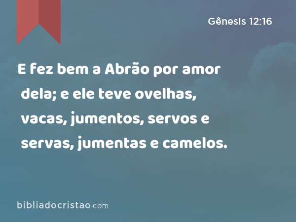 E fez bem a Abrão por amor dela; e ele teve ovelhas, vacas, jumentos, servos e servas, jumentas e camelos. - Gênesis 12:16