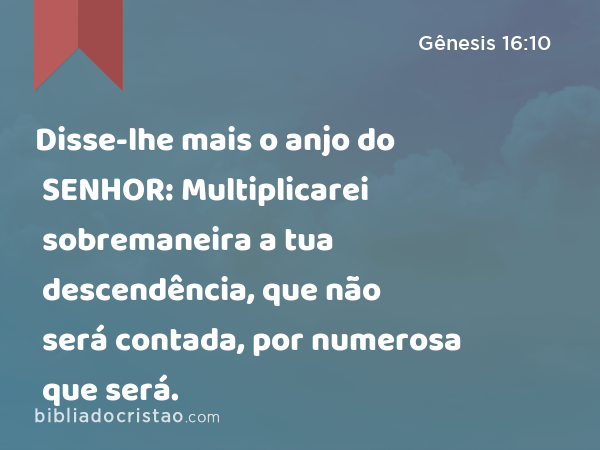 Disse-lhe mais o anjo do SENHOR: Multiplicarei sobremaneira a tua descendência, que não será contada, por numerosa que será. - Gênesis 16:10