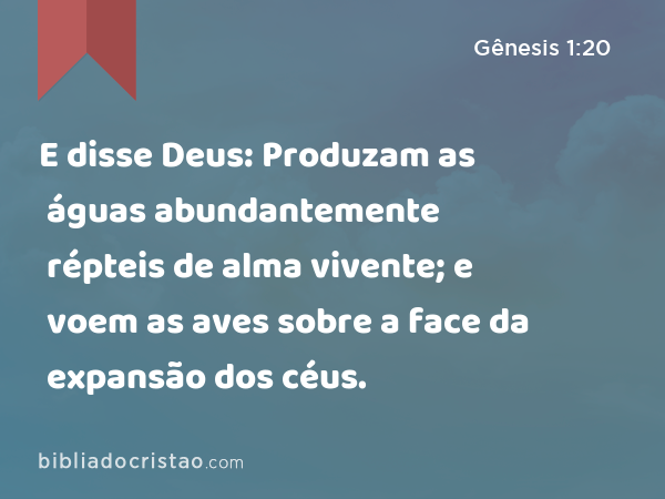 E disse Deus: Produzam as águas abundantemente répteis de alma vivente; e voem as aves sobre a face da expansão dos céus. - Gênesis 1:20