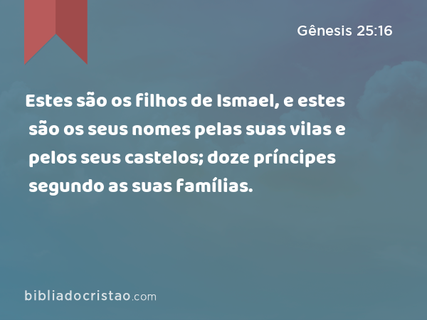 Estes são os filhos de Ismael, e estes são os seus nomes pelas suas vilas e pelos seus castelos; doze príncipes segundo as suas famílias. - Gênesis 25:16