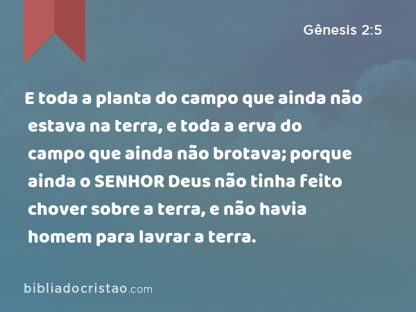 E toda a planta do campo que ainda não estava na terra, e toda a erva do campo que ainda não brotava; porque ainda o SENHOR Deus não tinha feito chover sobre a terra, e não havia homem para lavrar a terra. - Gênesis 2:5