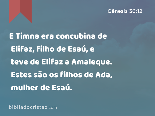 E Timna era concubina de Elifaz, filho de Esaú, e teve de Elifaz a Amaleque. Estes são os filhos de Ada, mulher de Esaú. - Gênesis 36:12