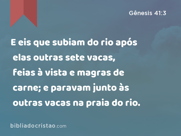 E eis que subiam do rio após elas outras sete vacas, feias à vista e magras de carne; e paravam junto às outras vacas na praia do rio. - Gênesis 41:3