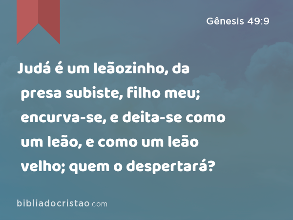 Judá é um leãozinho, da presa subiste, filho meu; encurva-se, e deita-se como um leão, e como um leão velho; quem o despertará? - Gênesis 49:9