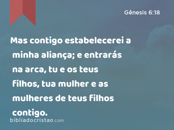 Mas contigo estabelecerei a minha aliança; e entrarás na arca, tu e os teus filhos, tua mulher e as mulheres de teus filhos contigo. - Gênesis 6:18