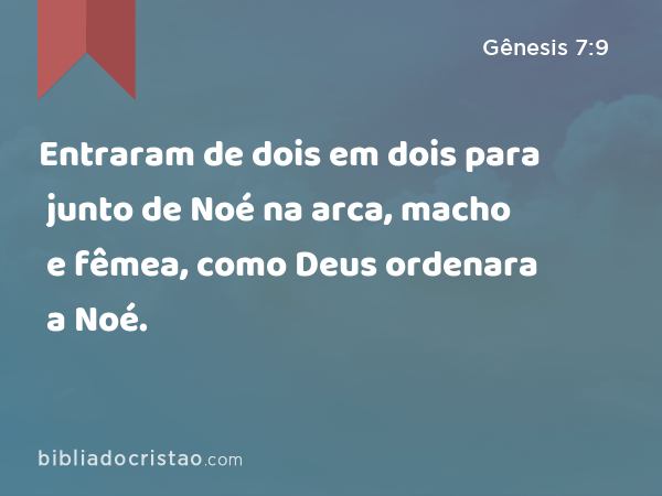 Entraram de dois em dois para junto de Noé na arca, macho e fêmea, como Deus ordenara a Noé. - Gênesis 7:9