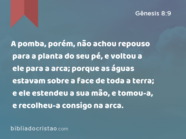 A pomba, porém, não achou repouso para a planta do seu pé, e voltou a ele para a arca; porque as águas estavam sobre a face de toda a terra; e ele estendeu a sua mão, e tomou-a, e recolheu-a consigo na arca. - Gênesis 8:9