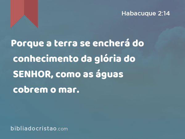 Porque a terra se encherá do conhecimento da glória do SENHOR, como as águas cobrem o mar. - Habacuque 2:14