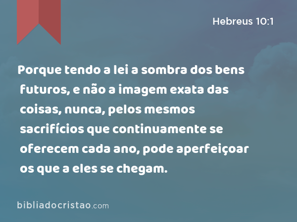 Porque tendo a lei a sombra dos bens futuros, e não a imagem exata das coisas, nunca, pelos mesmos sacrifícios que continuamente se oferecem cada ano, pode aperfeiçoar os que a eles se chegam. - Hebreus 10:1