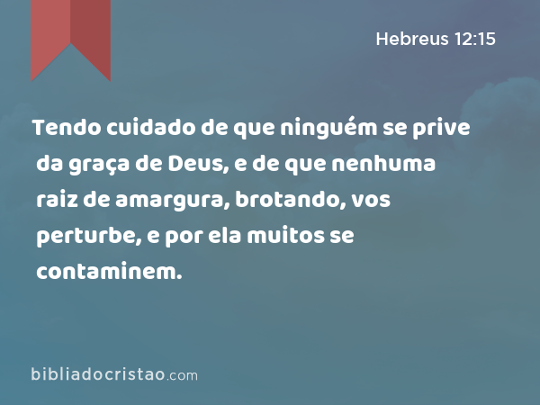 Tendo cuidado de que ninguém se prive da graça de Deus, e de que nenhuma raiz de amargura, brotando, vos perturbe, e por ela muitos se contaminem. - Hebreus 12:15