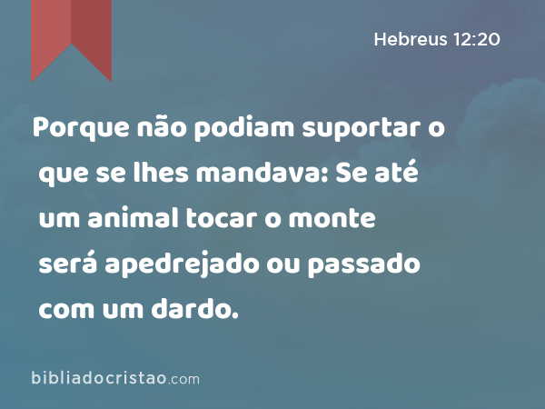 Porque não podiam suportar o que se lhes mandava: Se até um animal tocar o monte será apedrejado ou passado com um dardo. - Hebreus 12:20