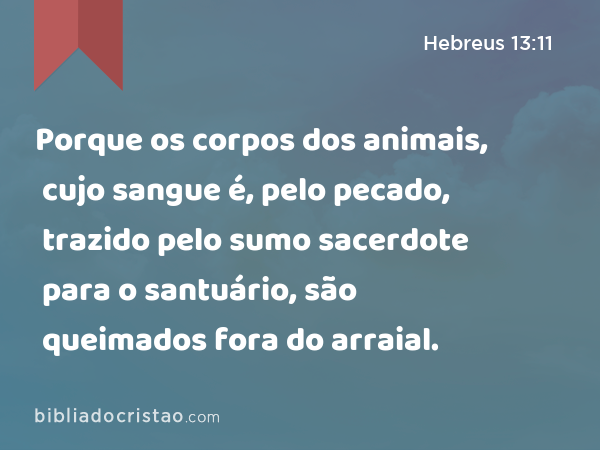 Porque os corpos dos animais, cujo sangue é, pelo pecado, trazido pelo sumo sacerdote para o santuário, são queimados fora do arraial. - Hebreus 13:11