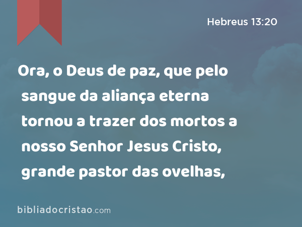 Ora, o Deus de paz, que pelo sangue da aliança eterna tornou a trazer dos mortos a nosso Senhor Jesus Cristo, grande pastor das ovelhas, - Hebreus 13:20