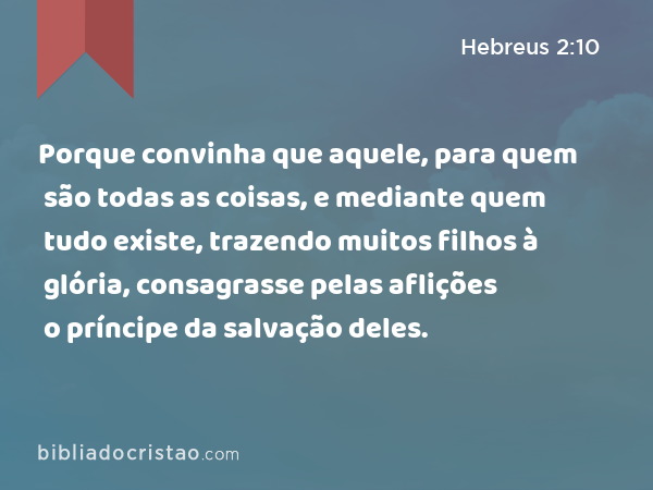 Porque convinha que aquele, para quem são todas as coisas, e mediante quem tudo existe, trazendo muitos filhos à glória, consagrasse pelas aflições o príncipe da salvação deles. - Hebreus 2:10