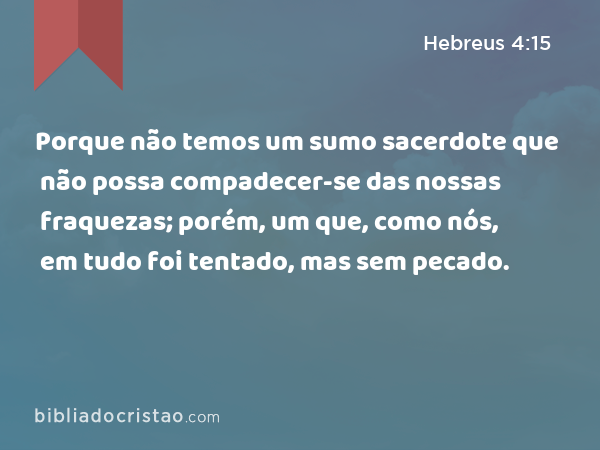 Porque não temos um sumo sacerdote que não possa compadecer-se das nossas fraquezas; porém, um que, como nós, em tudo foi tentado, mas sem pecado. - Hebreus 4:15