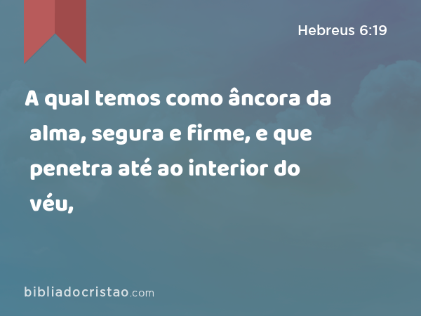 A qual temos como âncora da alma, segura e firme, e que penetra até ao interior do véu, - Hebreus 6:19