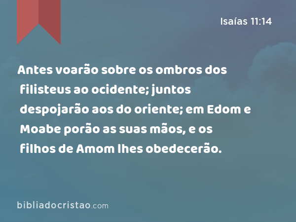 Antes voarão sobre os ombros dos filisteus ao ocidente; juntos despojarão aos do oriente; em Edom e Moabe porão as suas mãos, e os filhos de Amom lhes obedecerão. - Isaías 11:14