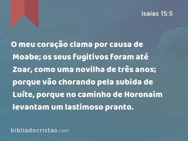 O meu coração clama por causa de Moabe; os seus fugitivos foram até Zoar, como uma novilha de três anos; porque vão chorando pela subida de Luíte, porque no caminho de Horonaim levantam um lastimoso pranto. - Isaías 15:5