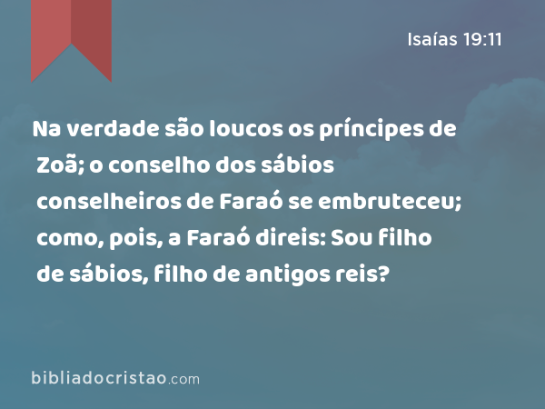 Na verdade são loucos os príncipes de Zoã; o conselho dos sábios conselheiros de Faraó se embruteceu; como, pois, a Faraó direis: Sou filho de sábios, filho de antigos reis? - Isaías 19:11