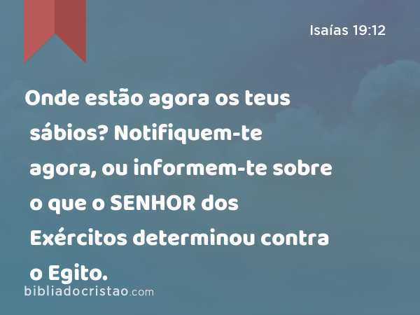 Onde estão agora os teus sábios? Notifiquem-te agora, ou informem-te sobre o que o SENHOR dos Exércitos determinou contra o Egito. - Isaías 19:12