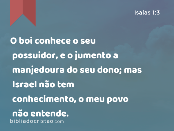 O boi conhece o seu possuidor, e o jumento a manjedoura do seu dono; mas Israel não tem conhecimento, o meu povo não entende. - Isaías 1:3