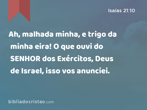 Ah, malhada minha, e trigo da minha eira! O que ouvi do SENHOR dos Exércitos, Deus de Israel, isso vos anunciei. - Isaías 21:10