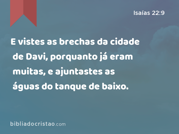 E vistes as brechas da cidade de Davi, porquanto já eram muitas, e ajuntastes as águas do tanque de baixo. - Isaías 22:9