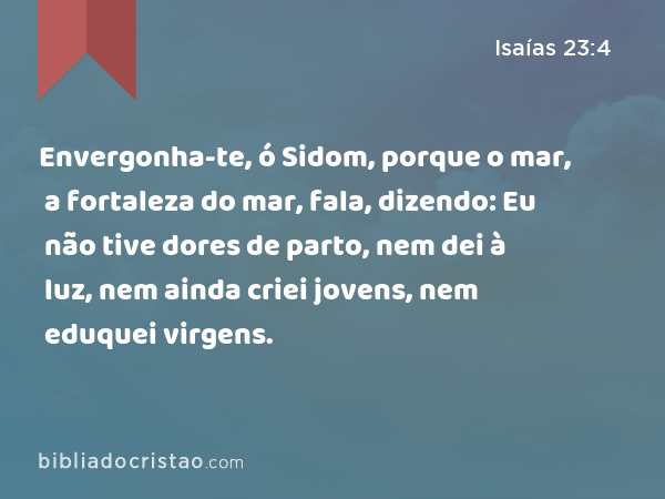 Envergonha-te, ó Sidom, porque o mar, a fortaleza do mar, fala, dizendo: Eu não tive dores de parto, nem dei à luz, nem ainda criei jovens, nem eduquei virgens. - Isaías 23:4