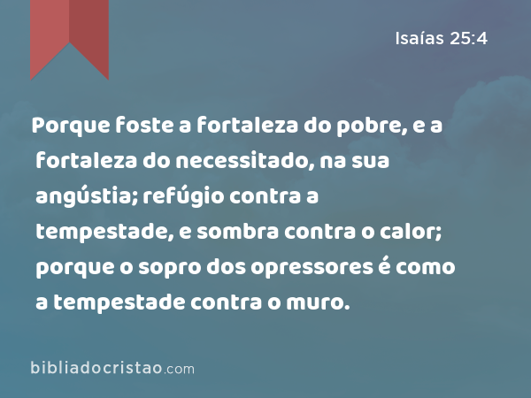 Porque foste a fortaleza do pobre, e a fortaleza do necessitado, na sua angústia; refúgio contra a tempestade, e sombra contra o calor; porque o sopro dos opressores é como a tempestade contra o muro. - Isaías 25:4