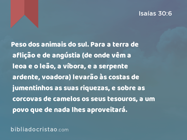 Peso dos animais do sul. Para a terra de aflição e de angústia (de onde vêm a leoa e o leão, a víbora, e a serpente ardente, voadora) levarão às costas de jumentinhos as suas riquezas, e sobre as corcovas de camelos os seus tesouros, a um povo que de nada lhes aproveitará. - Isaías 30:6