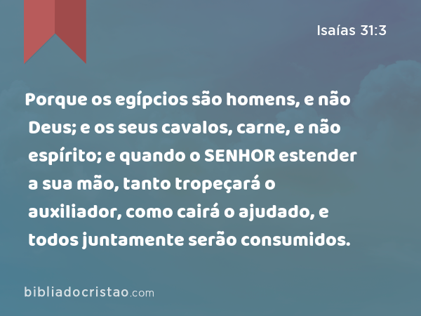 Porque os egípcios são homens, e não Deus; e os seus cavalos, carne, e não espírito; e quando o SENHOR estender a sua mão, tanto tropeçará o auxiliador, como cairá o ajudado, e todos juntamente serão consumidos. - Isaías 31:3