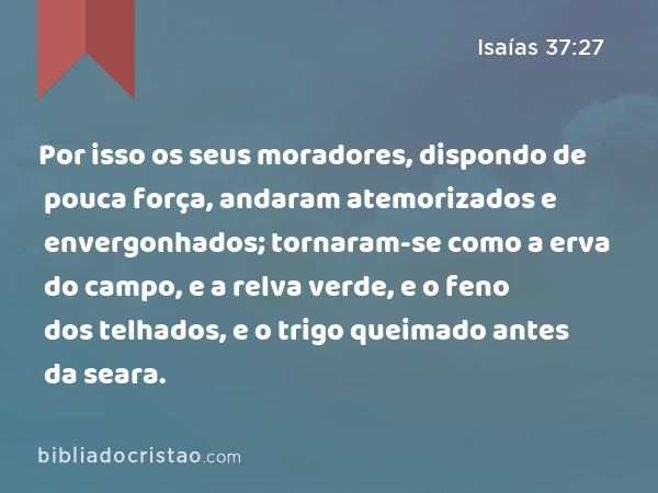 Por isso os seus moradores, dispondo de pouca força, andaram atemorizados e envergonhados; tornaram-se como a erva do campo, e a relva verde, e o feno dos telhados, e o trigo queimado antes da seara. - Isaías 37:27