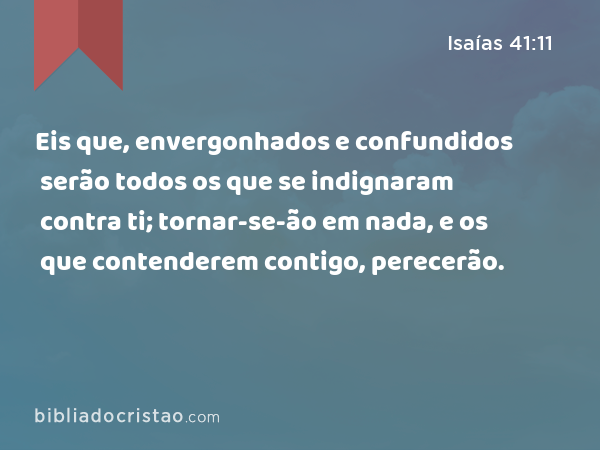 Eis que, envergonhados e confundidos serão todos os que se indignaram contra ti; tornar-se-ão em nada, e os que contenderem contigo, perecerão. - Isaías 41:11