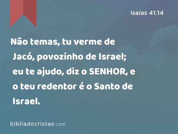 Não temas, tu verme de Jacó, povozinho de Israel; eu te ajudo, diz o SENHOR, e o teu redentor é o Santo de Israel. - Isaías 41:14