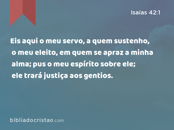 Eis aqui o meu servo, a quem sustenho, o meu eleito, em quem se apraz a minha alma; pus o meu espírito sobre ele; ele trará justiça aos gentios. - Isaías 42:1