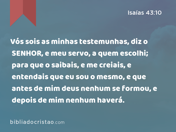 Vós sois as minhas testemunhas, diz o SENHOR, e meu servo, a quem escolhi; para que o saibais, e me creiais, e entendais que eu sou o mesmo, e que antes de mim deus nenhum se formou, e depois de mim nenhum haverá. - Isaías 43:10