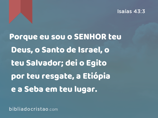 Porque eu sou o SENHOR teu Deus, o Santo de Israel, o teu Salvador; dei o Egito por teu resgate, a Etiópia e a Seba em teu lugar. - Isaías 43:3