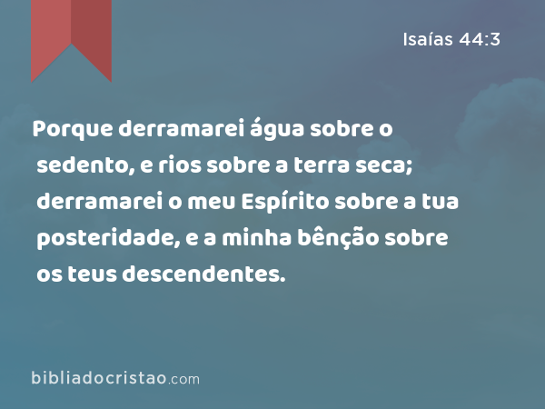 Porque derramarei água sobre o sedento, e rios sobre a terra seca; derramarei o meu Espírito sobre a tua posteridade, e a minha bênção sobre os teus descendentes. - Isaías 44:3