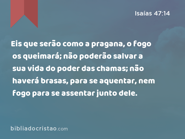 Eis que serão como a pragana, o fogo os queimará; não poderão salvar a sua vida do poder das chamas; não haverá brasas, para se aquentar, nem fogo para se assentar junto dele. - Isaías 47:14